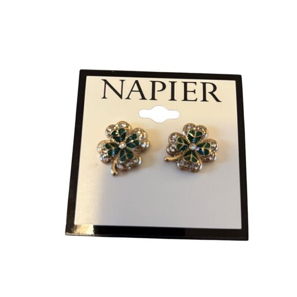 Napier Gold, Green & Pave Crystal 4 Leaf Clover Earrings. - Picture 5 of 6